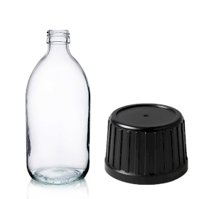 36x 200ml Clear Glass Medicine Bottle with Black Tamper Evident Cap