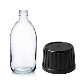 40x 300ml Clear Glass Medicine Bottle with Black Tamper Evident Cap