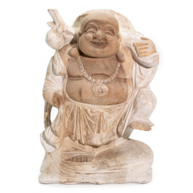 Hand Carved Buddha Statue - 30cm Bring Wood - Whitewash