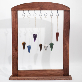 36x Gemstone Pyramids Pendulums with Brown Display Stand