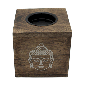 Large Square Mango Wood Oil Burner- Buddha Face