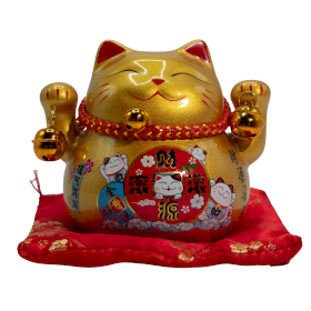 Ceramic Money Cat Bank - Gold on Cushion