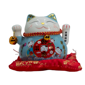 Ceramic Money Cat Moving Hand  - Blue on Cushion (battery not included)