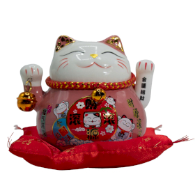 Ceramic Money Cat Moving Hand  - Pink on Cushion (battery not included)