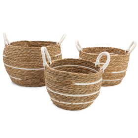 Cotton & Seagrass Large Baskets - Natural Stripes- Set of 3 (32.5cm 29.5cm 24cm)