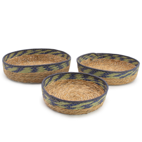 Straw & Seagrass Tray Baskets - Natural Green & Blue- Set of 3