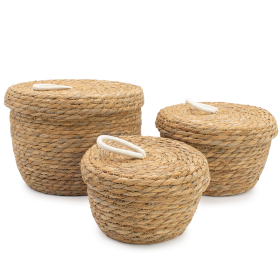 Seagrass & Cotton Round Baskets with Lids - Natural - Set of 3