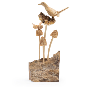 Bird & Bee on Mushrooms Handmade Parasite Wood Carving