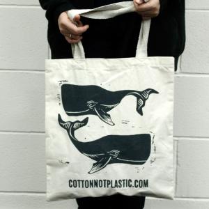 Lrg Natural 6oz Cotton Bag 38x42cm - WHALES