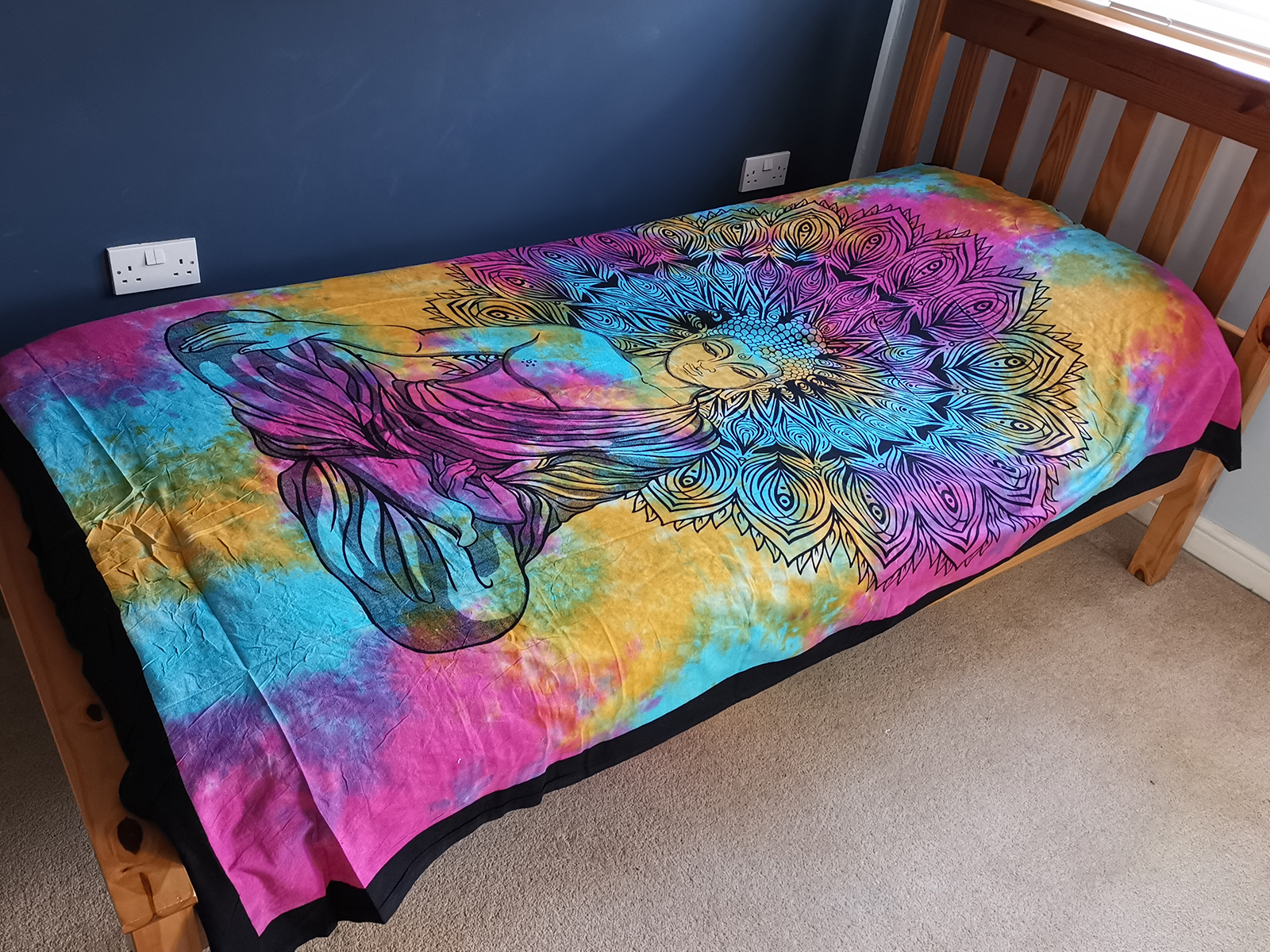 Peaceful Buddha Indian Tie-Dye Cotton Double Bedspread Wall Picture Hanging 
